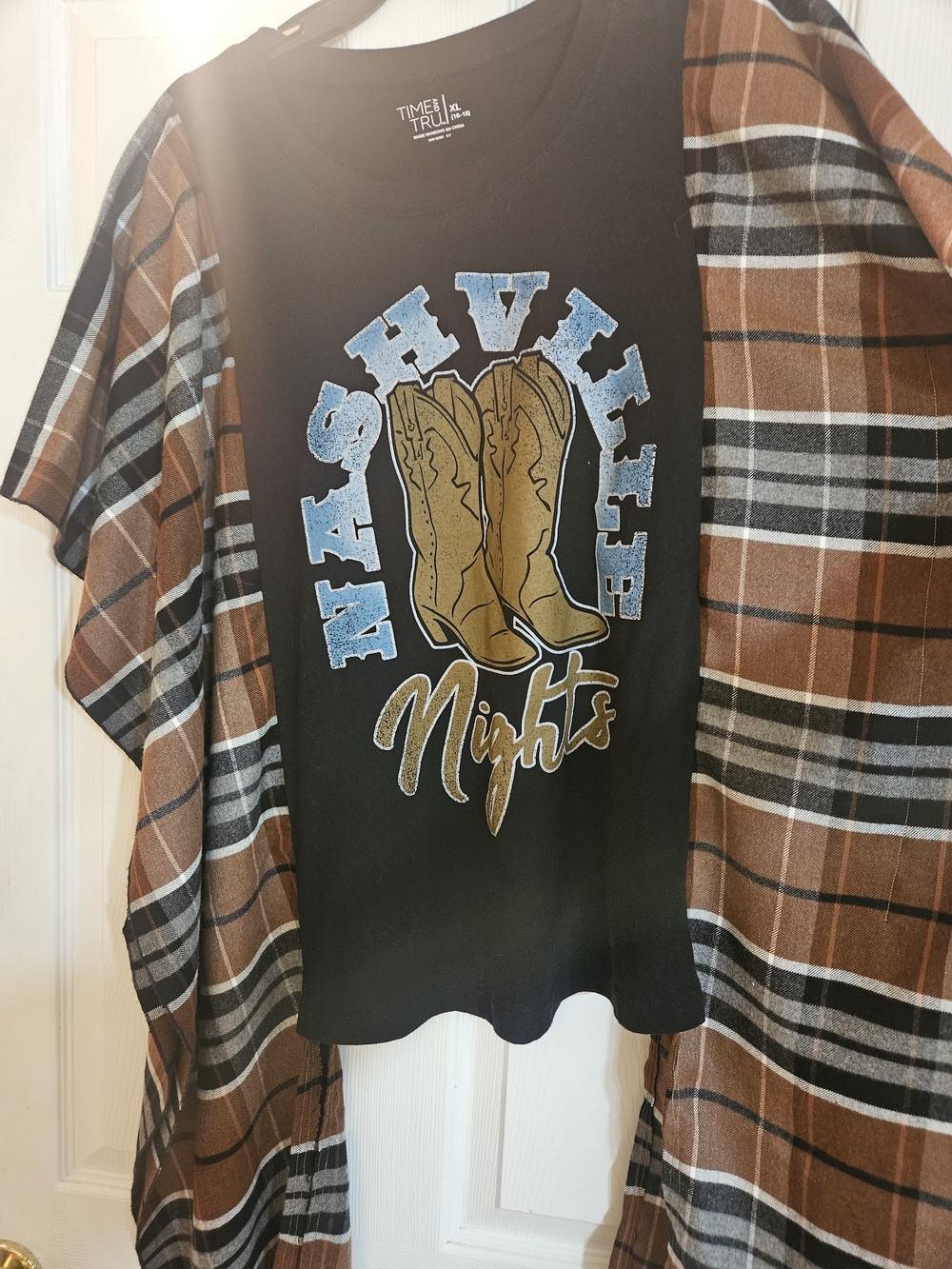 Upcycled Kimono Nashville Nights Graphic Tee with Cowboy Boots
